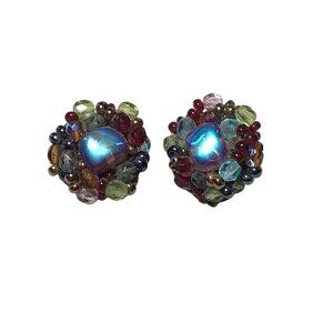 Vintage Italian Beaded Clip-On Earrings Multicolor Blue Green Red Silver Tone Se